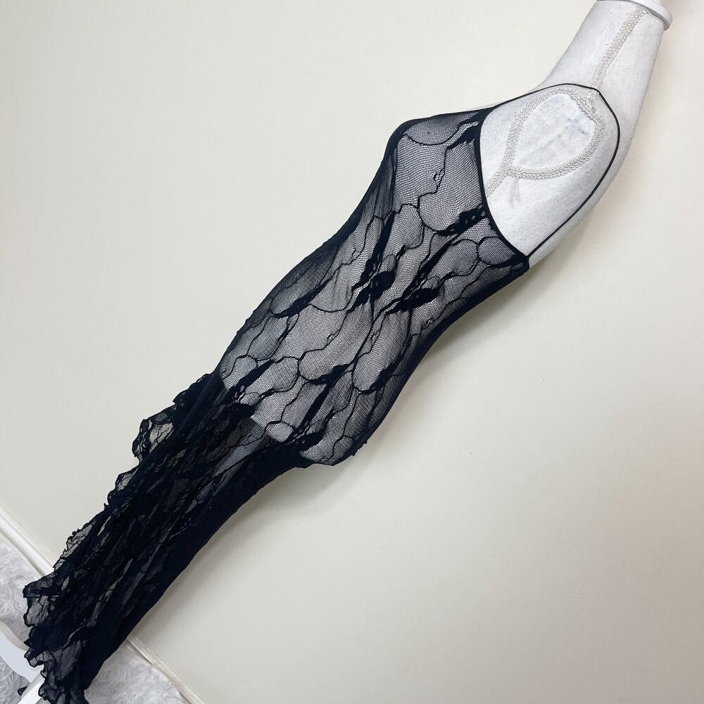 Leg Avenue Butterfly Lace Long‎ Gown 100% Nylon With Slit Black Stretch One Size - Picture 6 of 11